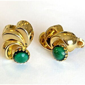 Vintage Mid Century Clip On Earrings Goldtone & Green Stone Statement Jewelry